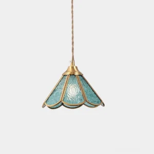 Scalloped stained glass pendant light with cyan rippled glass and brass gold frame - front view studio shot