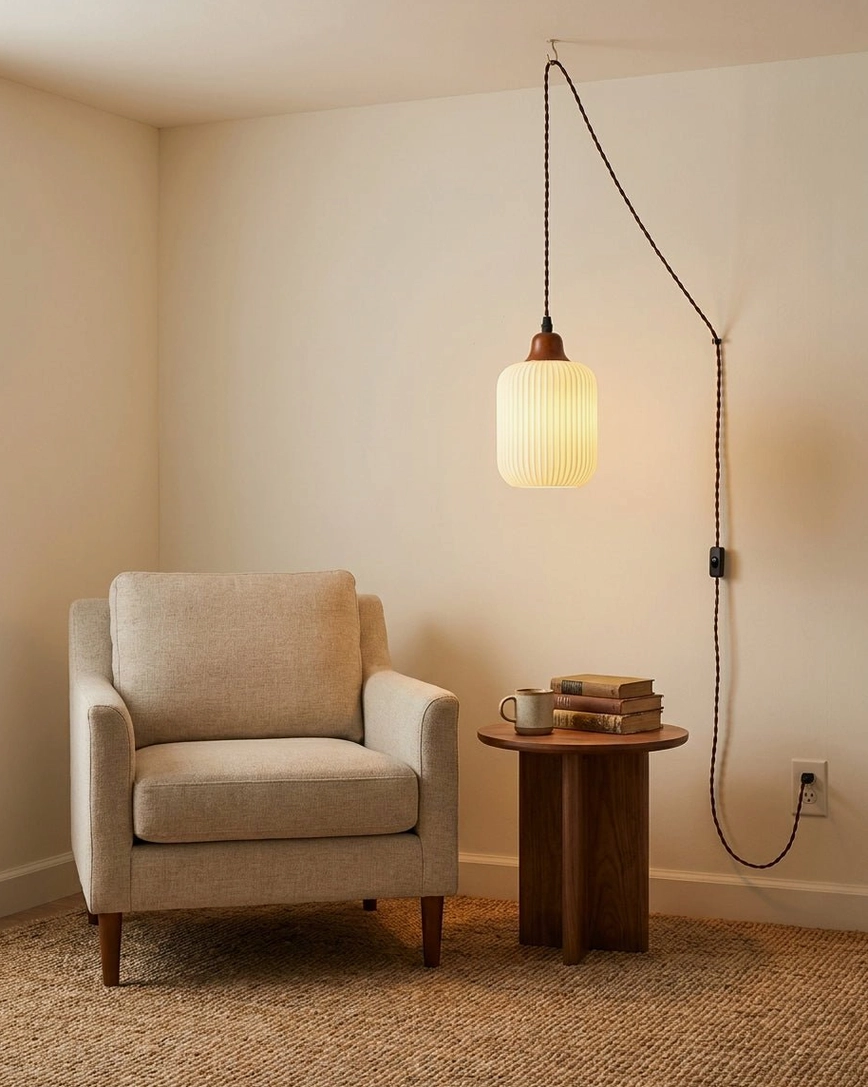 Tall cylindrical ribbed ceramic pendant light creating warm glow in armchair reading corner
