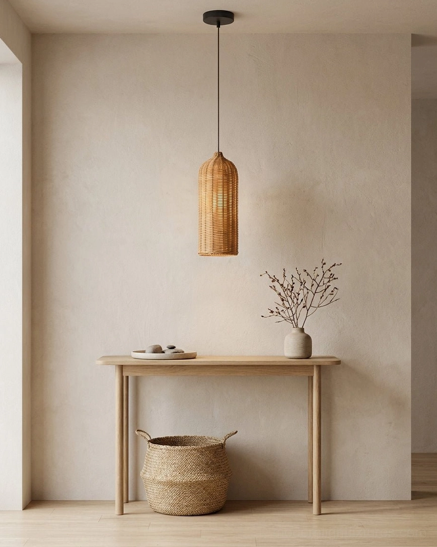 Tall cylinder rattan pendant fixture above console table entryway, minimalist wabi-sabi interior design with neutral tones