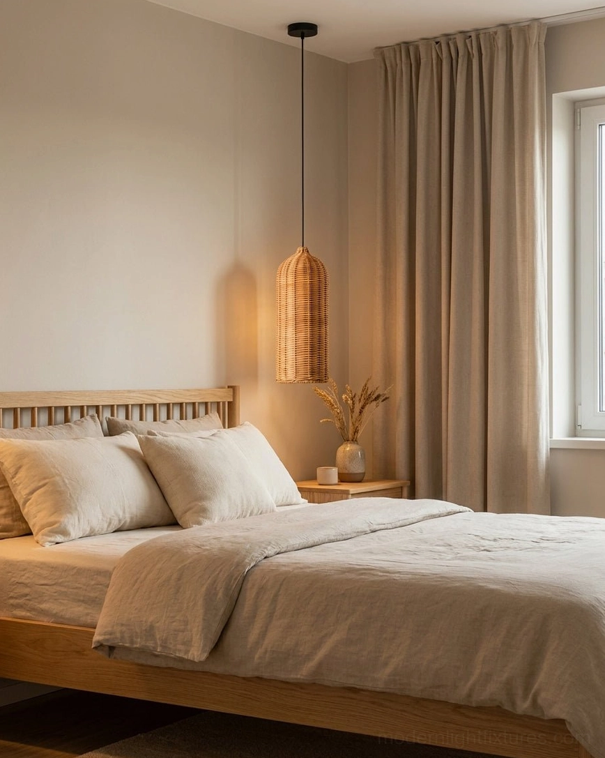 Single cylindrical rattan pendant light in master bedroom space, warm wabi-sabi bedroom decor with soft ambient glow