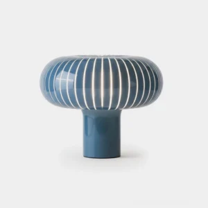 Cylindra Spiral Table Lamp in dusty blue-gray, front view on white background, showing geometric slatted design