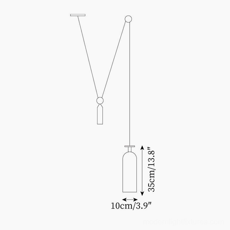 Technical blueprint of cylindrical geometric pendant model C tall 13.8 inches narrow 3.9 inch diameter