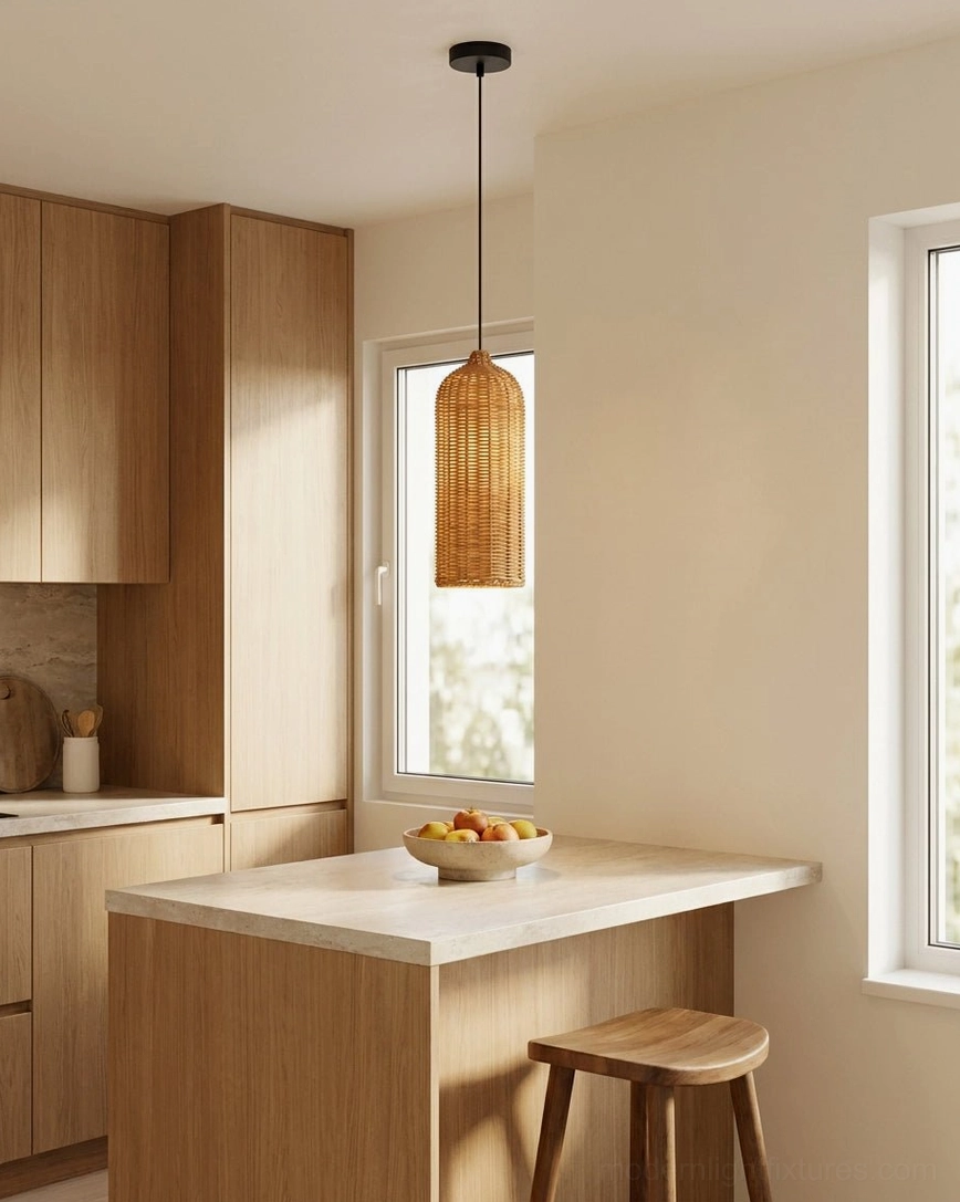 Cylindrical rattan pendant light hanging above dining surface, soft warm light with open weave shadow casting pattern