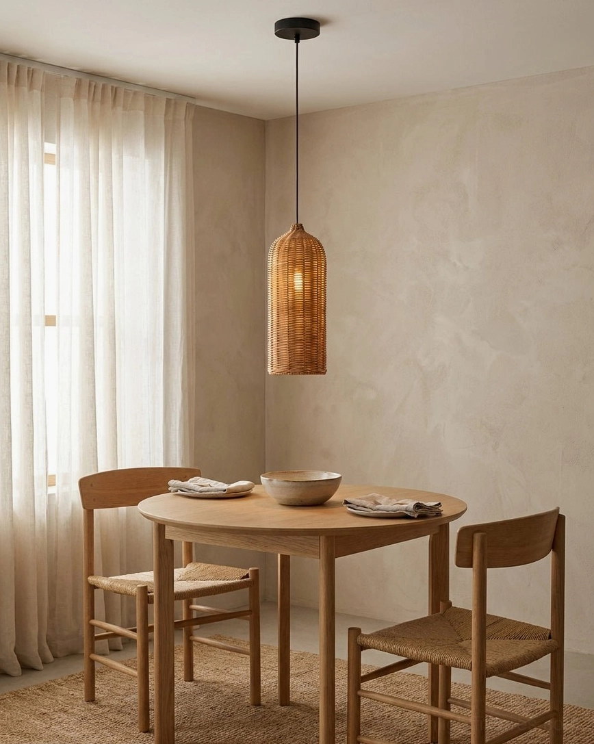Single cylindrical hand-woven rattan pendant light in minimalist dining nook, front-facing profile showing open weave construction
