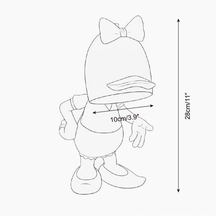 Daisy Duck candle warmer lamp line art design sketch with decorative bow detail and dimensional specifications