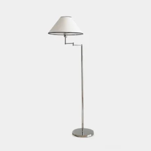Dakota modern adjustable swing arm floor lamp with chrome metal frame and white conical fabric shade front view