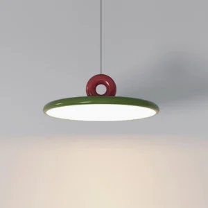 Dalia contemporary pendant lamp in red and green color blocking, three-quarter angle view