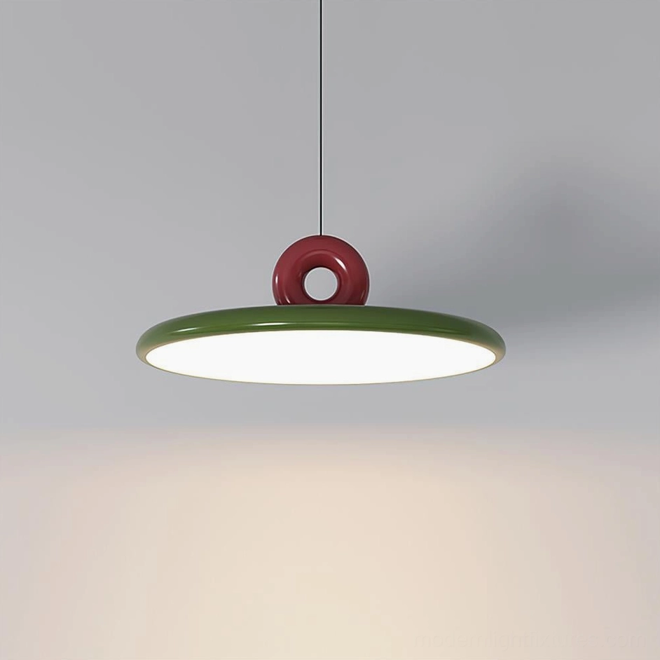 Dalia contemporary pendant lamp in red and green color blocking, three-quarter angle view
