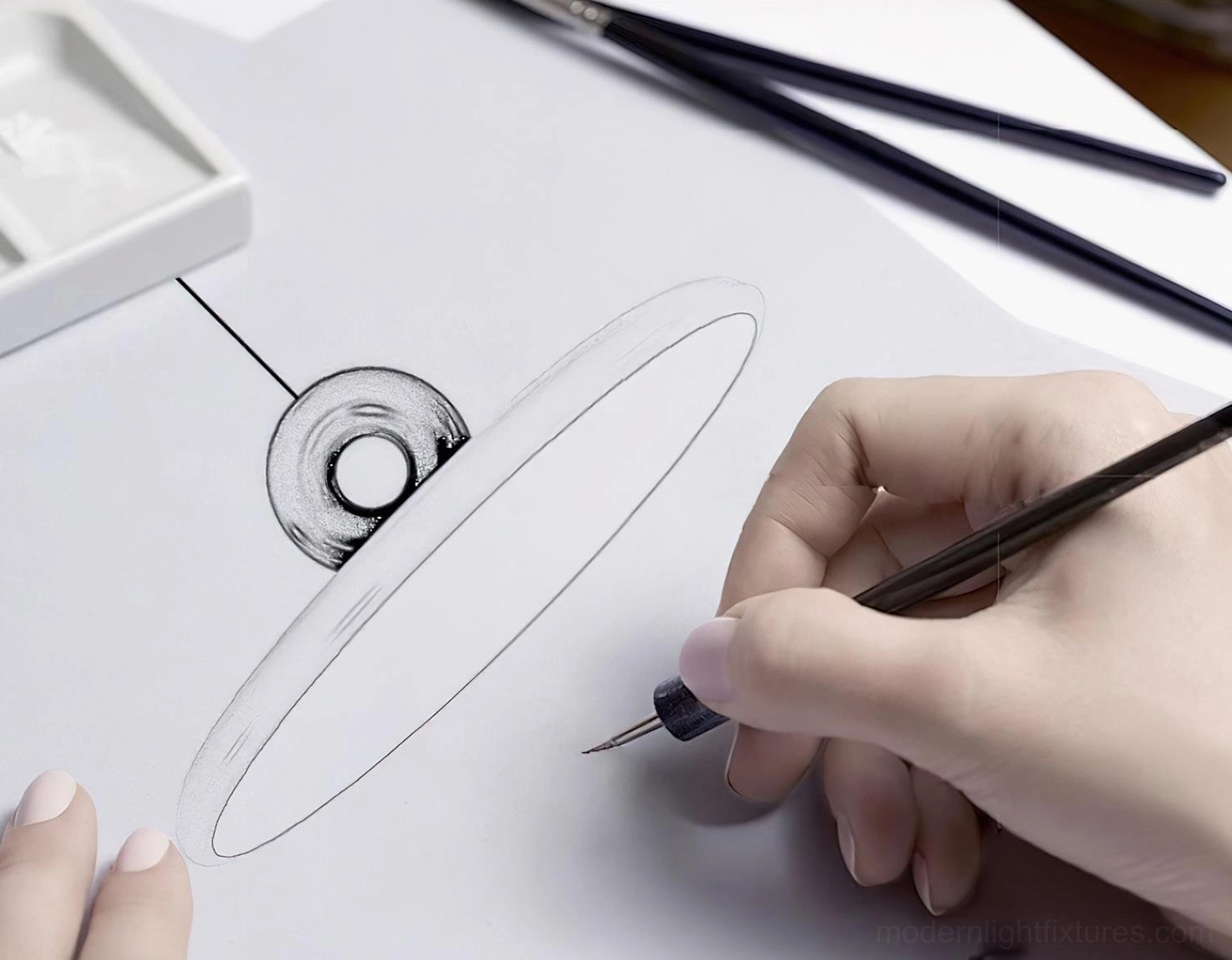 Hand-drawn design sketch of Dalia pendant light using ink pen, artistic creation process