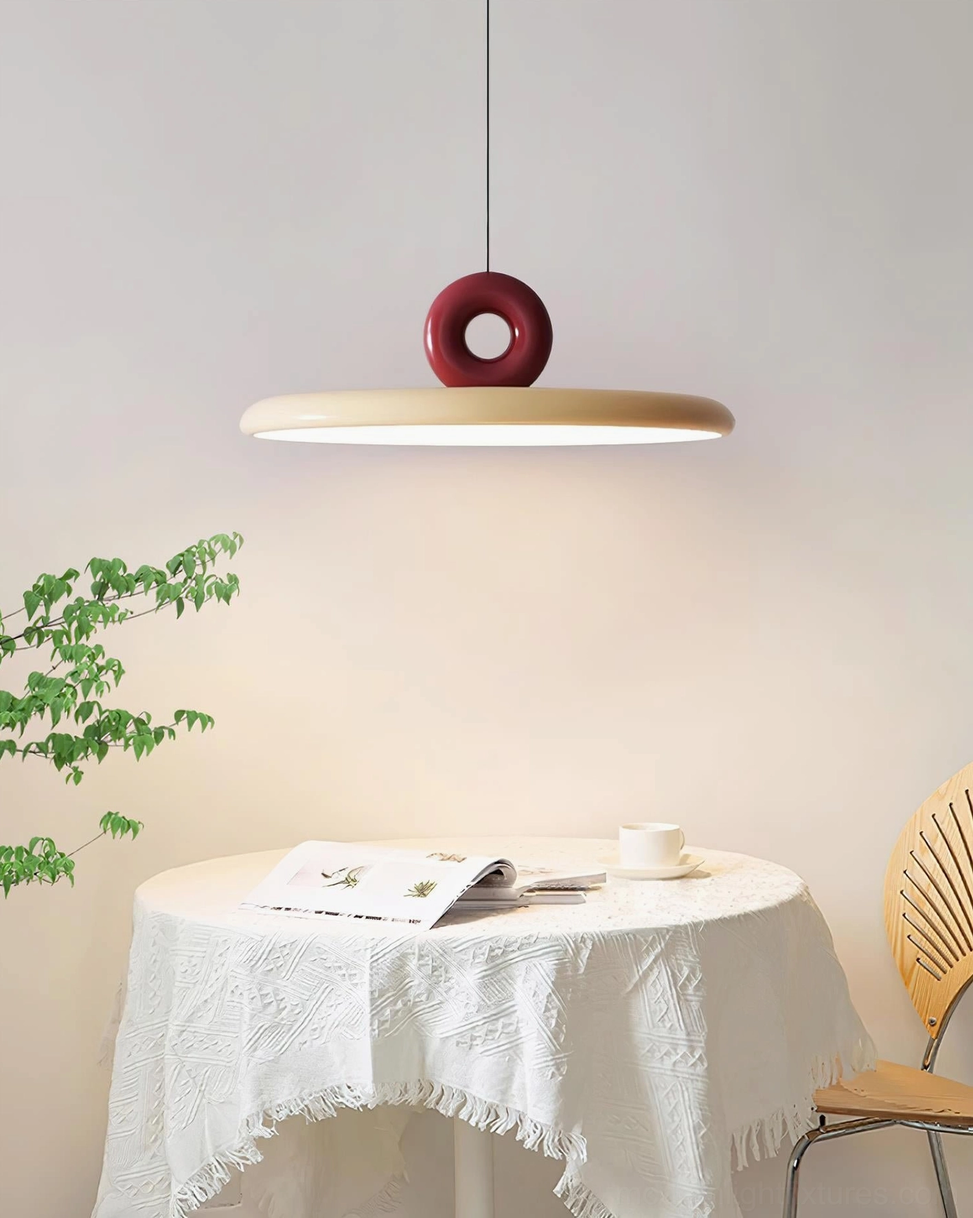 Dalia contemporary pendant lamp in neutral beige and maroon, cozy dining nook ambiance