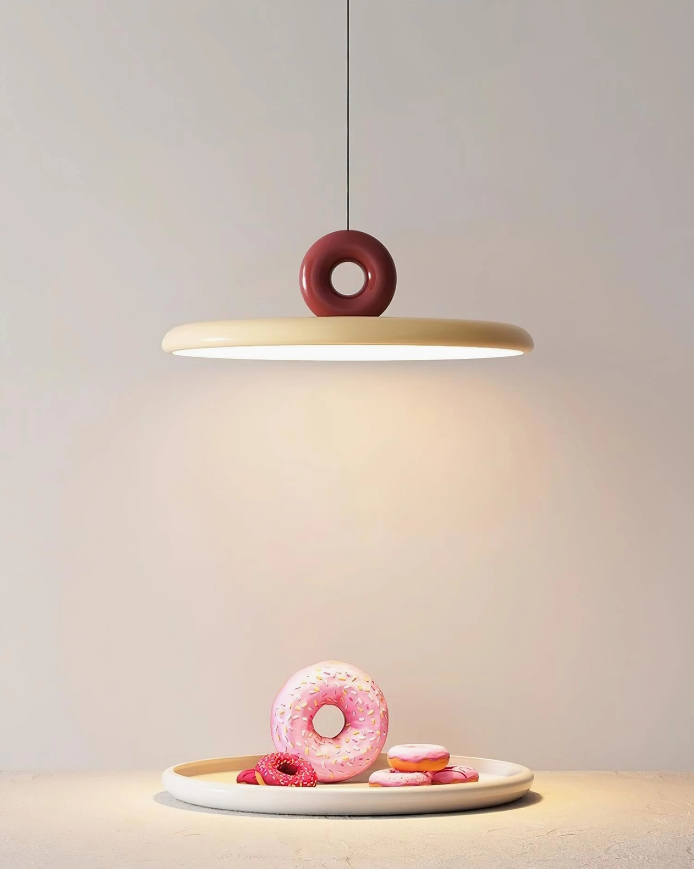 Dalia modern pendant lamp with beige disc and maroon accent ring, overhead perspective on dessert display