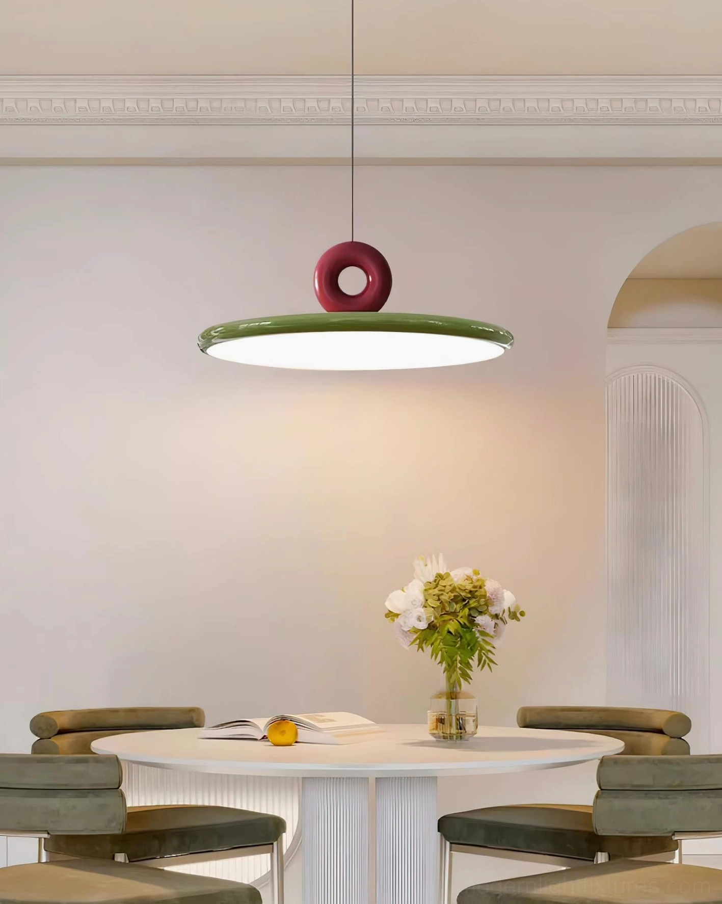 Dalia modern geometric pendant light in dark green with burgundy loop, formal dining setting