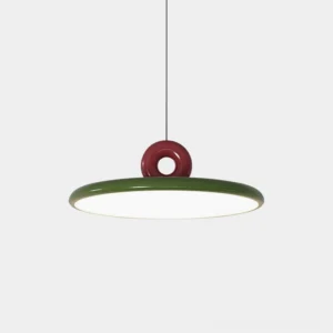 Dalia modern pendant light with dark green matte disc and burgundy red sculptural loop, front view