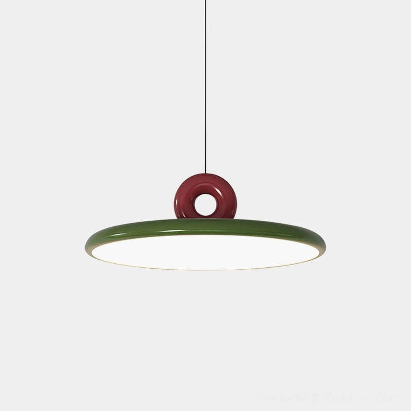 Dalia modern pendant light with dark green matte disc and burgundy red sculptural loop, front view