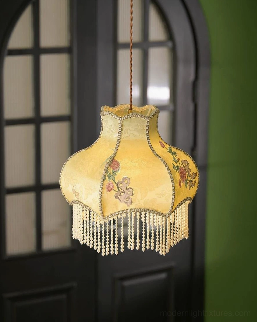 Victorian embroidered damask pendant light with gimp braid edge detail and cascading beaded tassel fringe