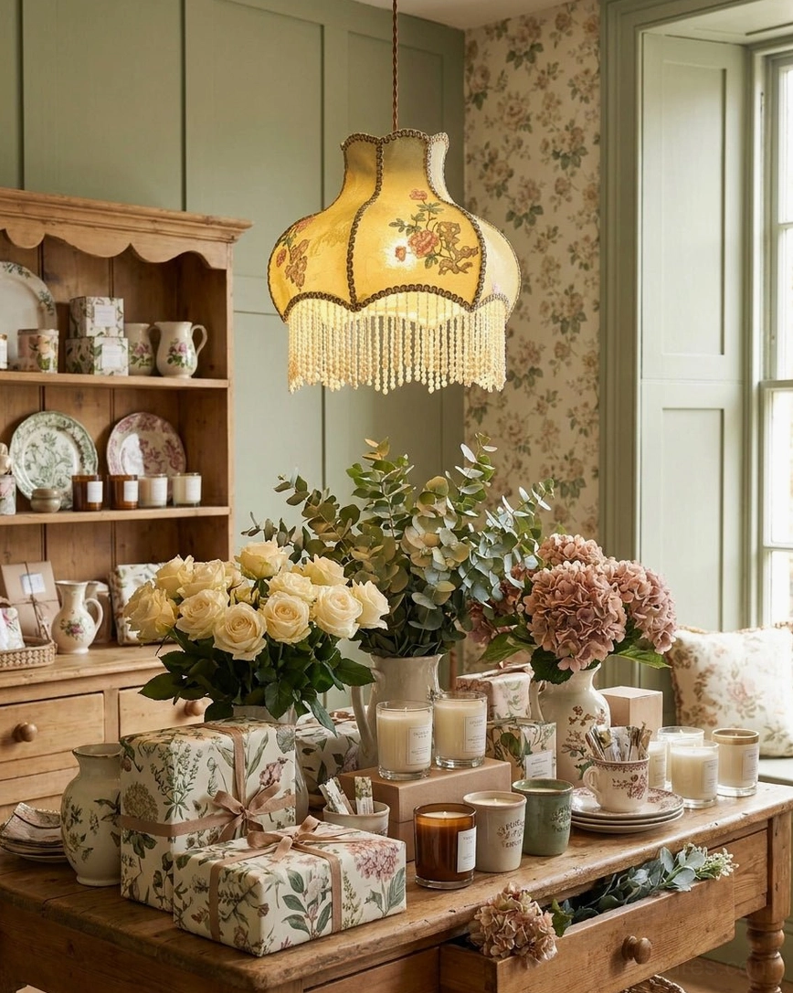 Tasseled fabric pendant light in vintage home pantry with pine cabinet and fresh floral arrangements