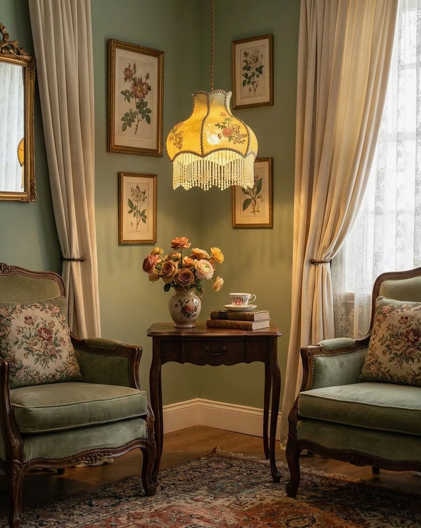 Vintage fabric pendant light in sage green hanging in cozy living room with botanical art and vintage seating