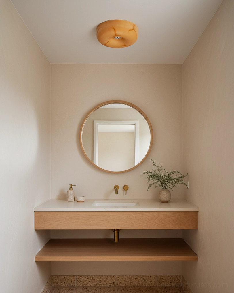 Damp-rated amber glass ceiling light suitable for bathroom and covered outdoor areas