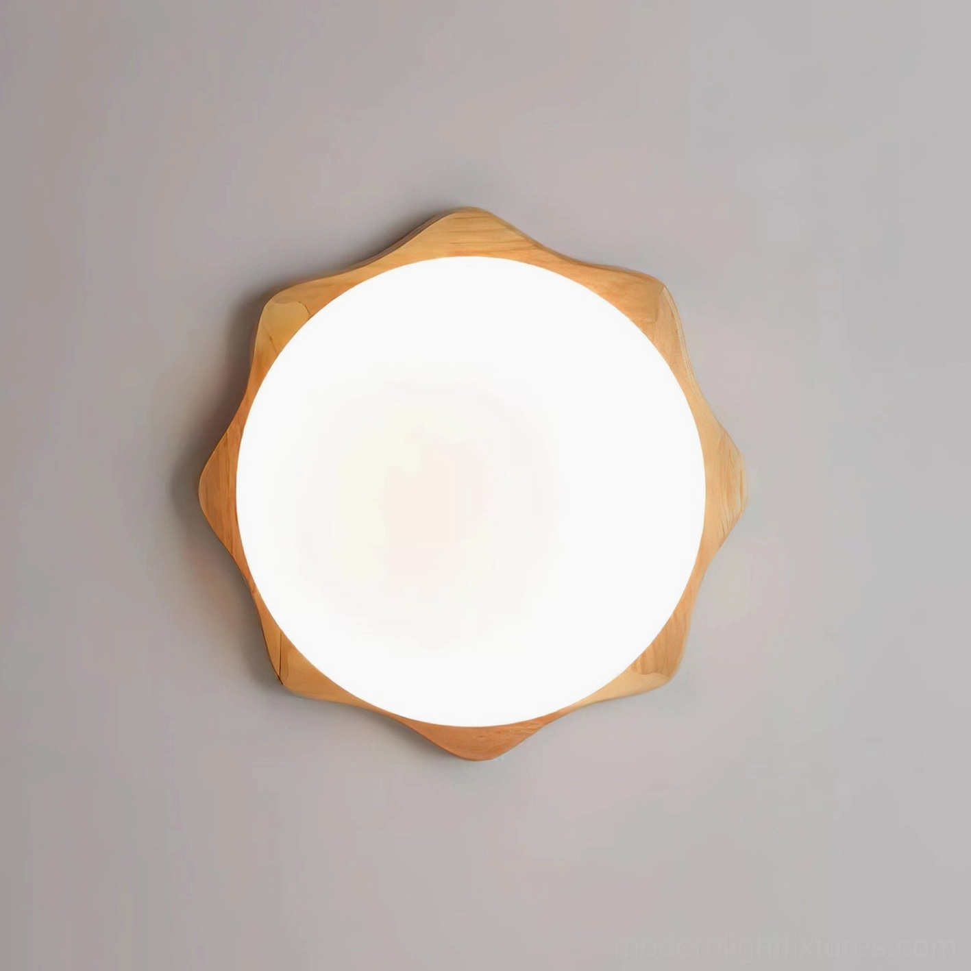 Wavy maple wood flush mount ceiling light damp rated suitable for bathroom and covered outdoor installation