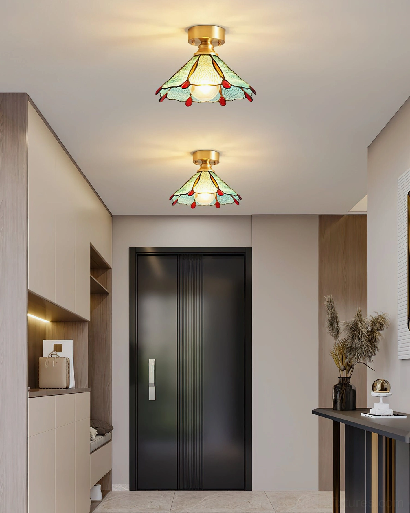 Retro stained glass ceiling light in bathroom with damp-rated brass canopy