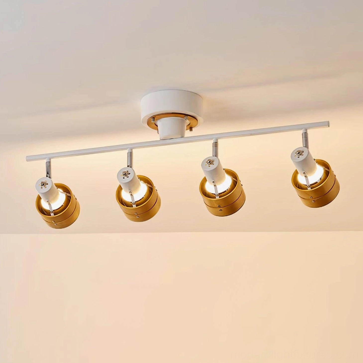 Walnut wood and black metal track ceiling fixture in damp-rated bathroom installation