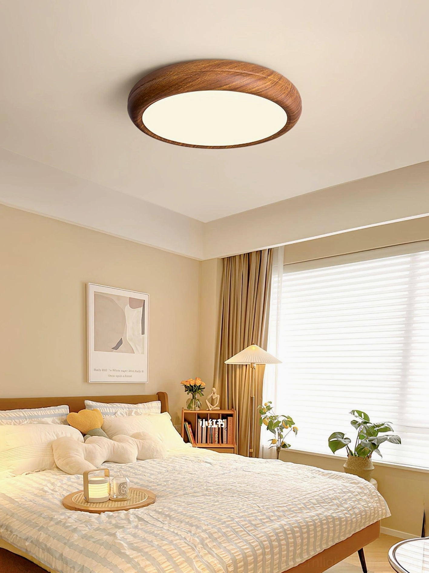 Walnut wood grain ceiling light fixture showing damp-rated certification for wet bathroom environments
