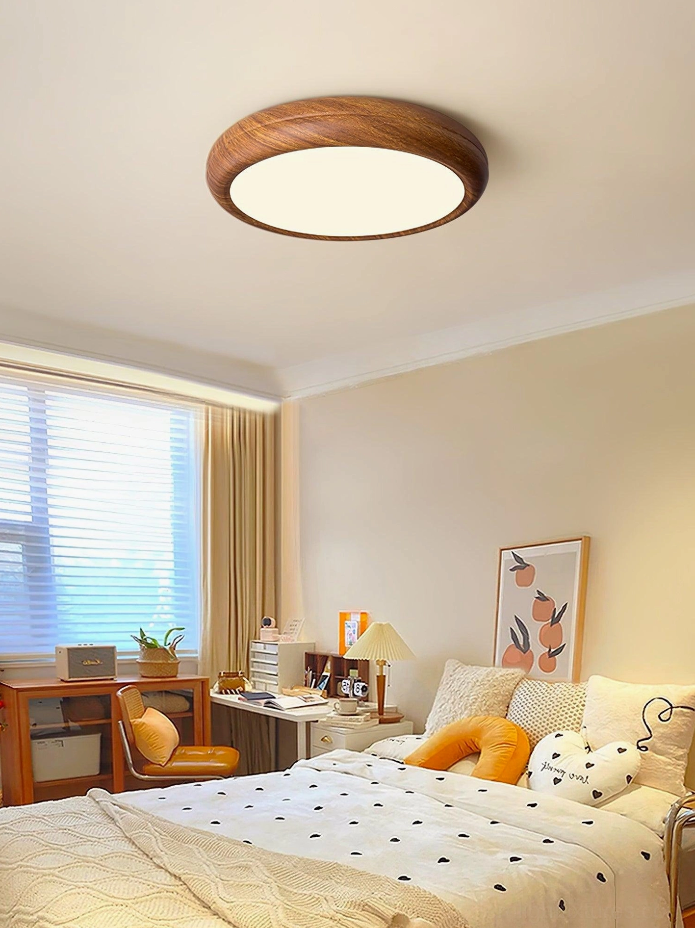 Damp-rated walnut wood grain ceiling light fixture suitable for bathroom and covered outdoor areas