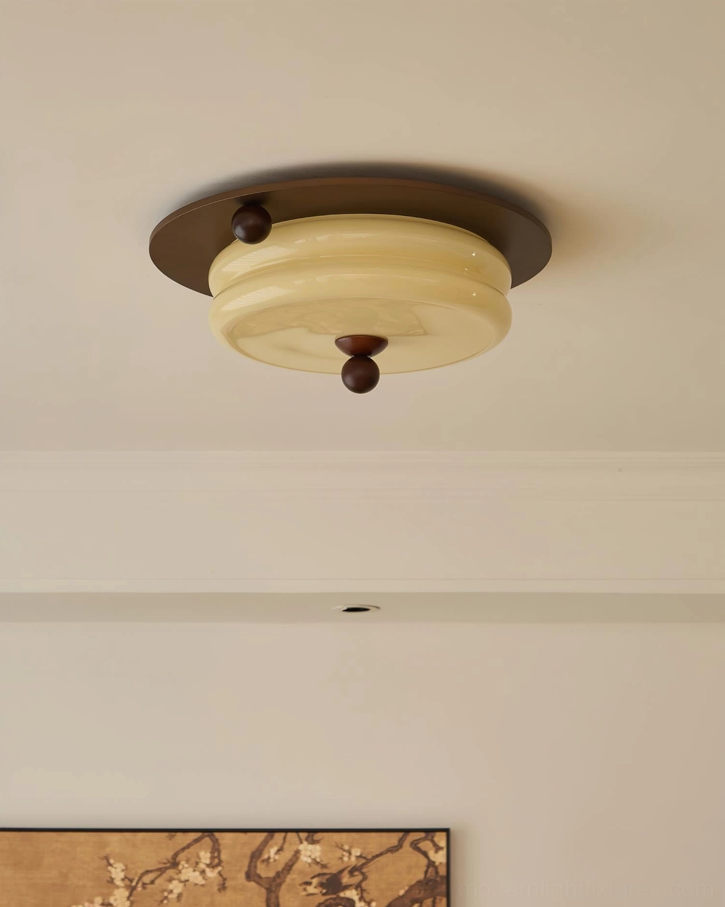 Damp-rated wood ceiling fixture creating spa-like warm lighting in bathroom environment