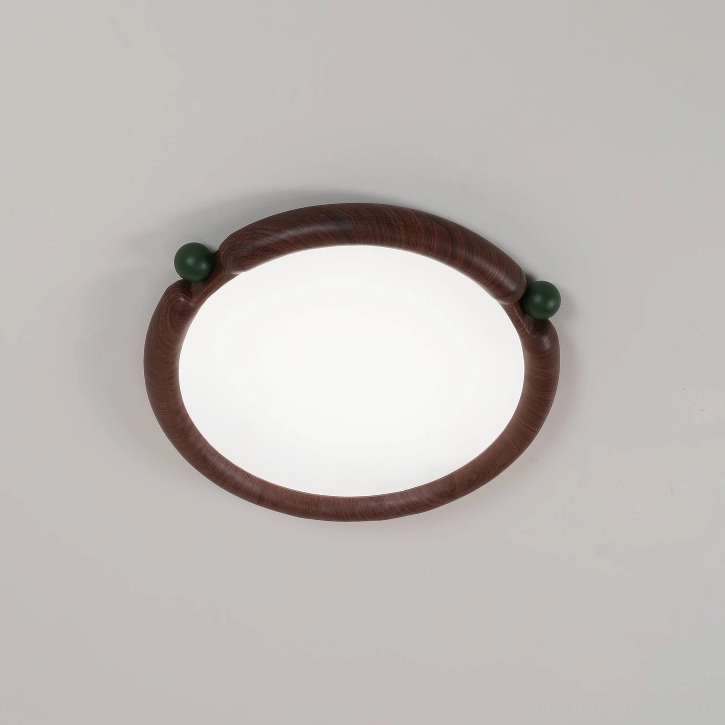 Wood-grain round ceiling light fixture with damp rating for bathroom installation