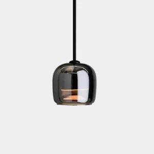 Danoise smoked glass pendant light with mirror-finish exterior and black hanging rod, front studio view showing sculptural spherical form