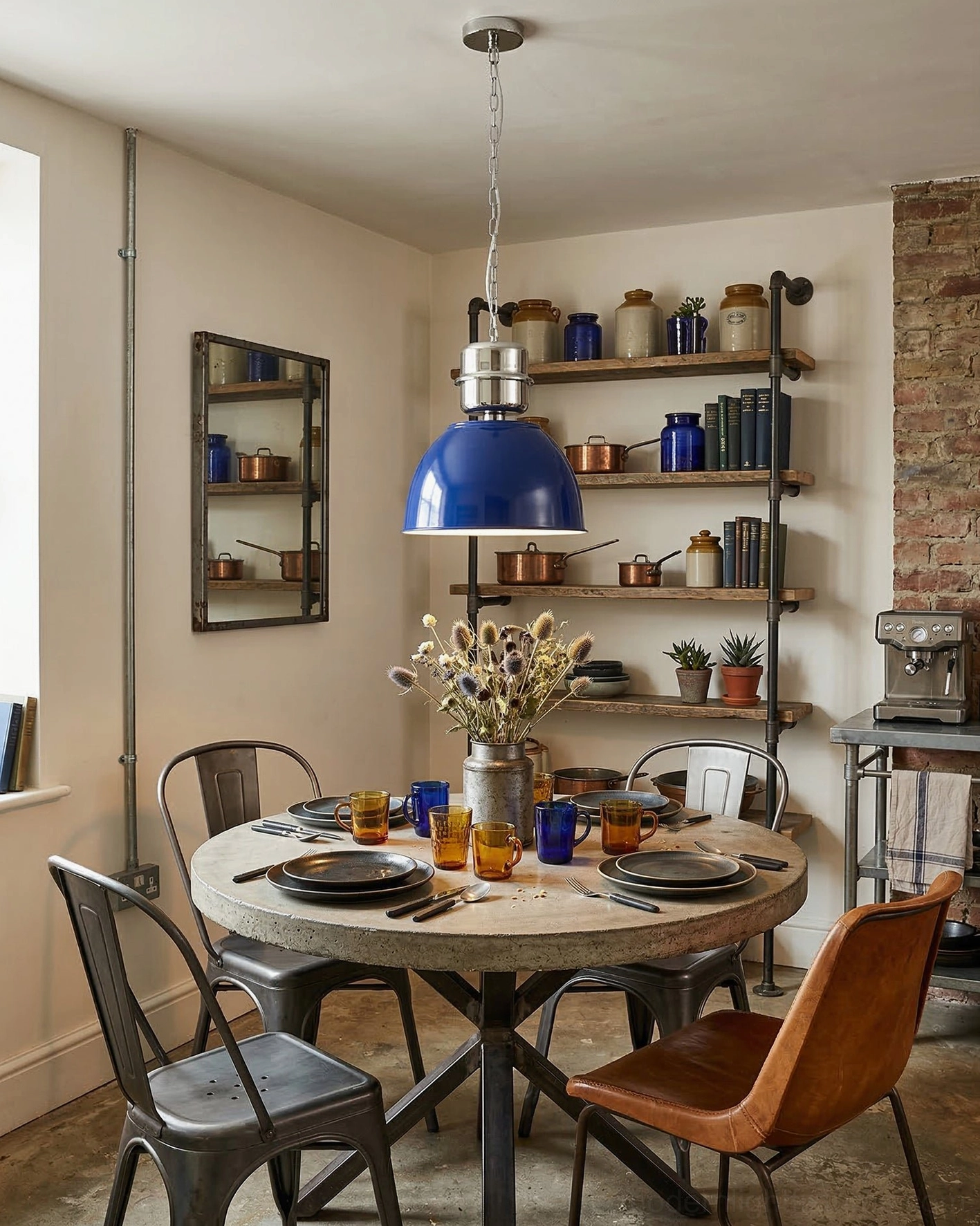 Blue dome pendant light with glossy finish hanging above round dining table