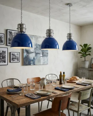 Set of three navy blue Dante pendant lights hanging above rustic wooden dining table with industrial charm