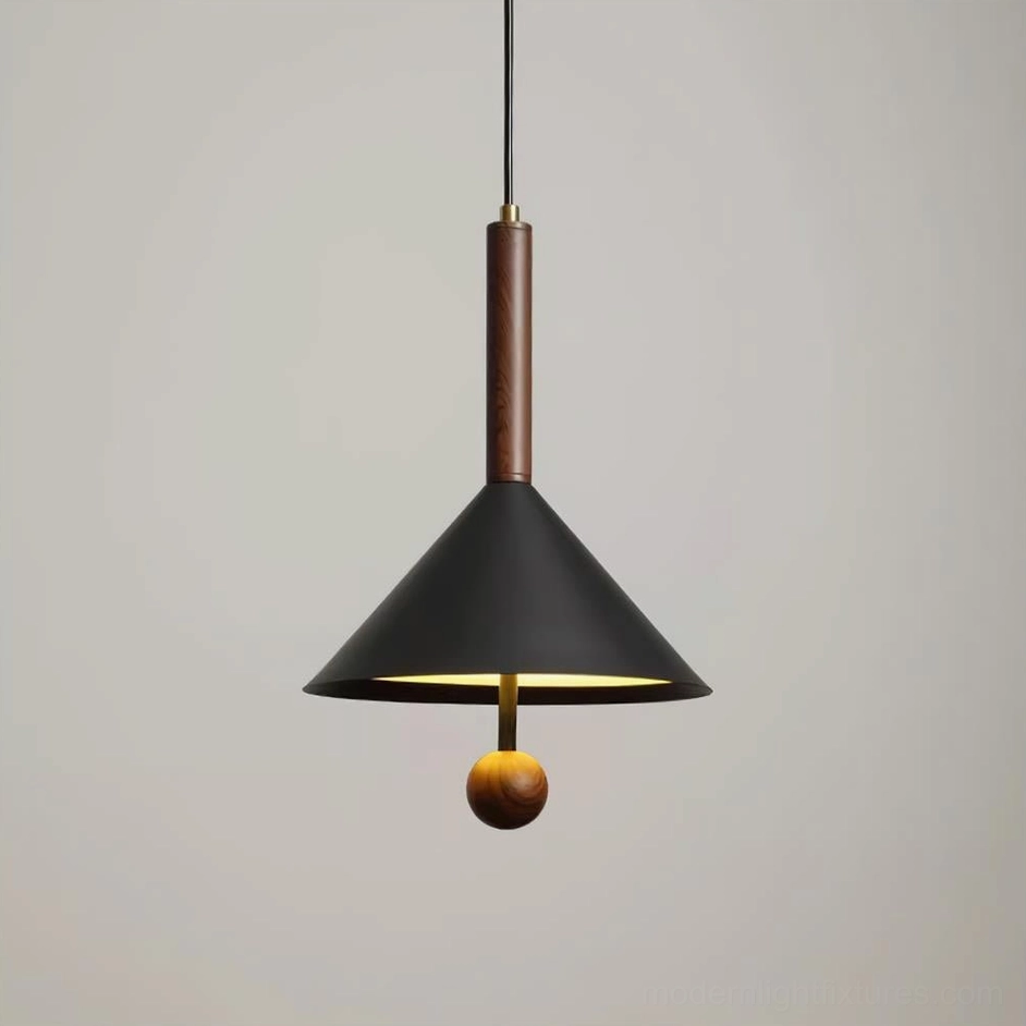 Dante pendant lamp side view showing warm integrated LED lighting, brass metal joint and wooden sphere detail