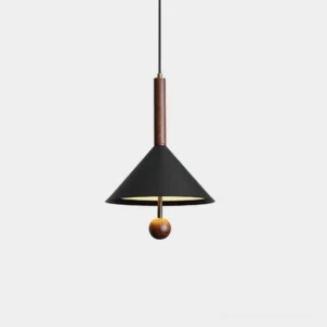 Dante minimalist cone pendant light with black metal shade and walnut wood accent detail, overhead front studio shot