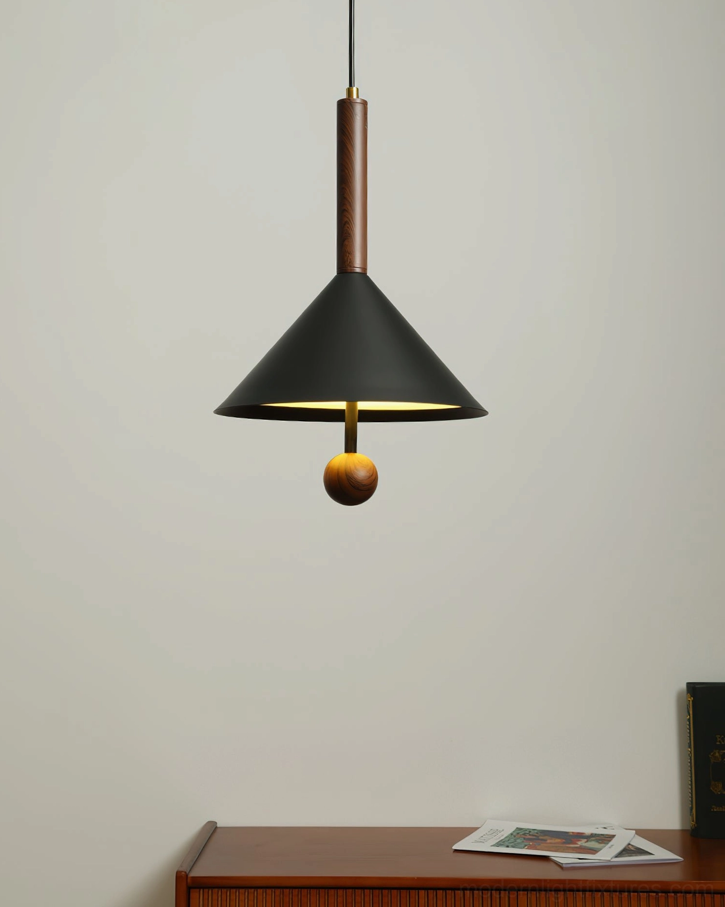 Dante cone pendant lamp mounted in modern home office above vintage wooden side table with neutral wall