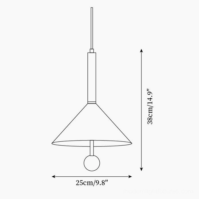 Dante pendant light technical specifications orthographic drawing showing dimensions 25cm diameter 38cm height