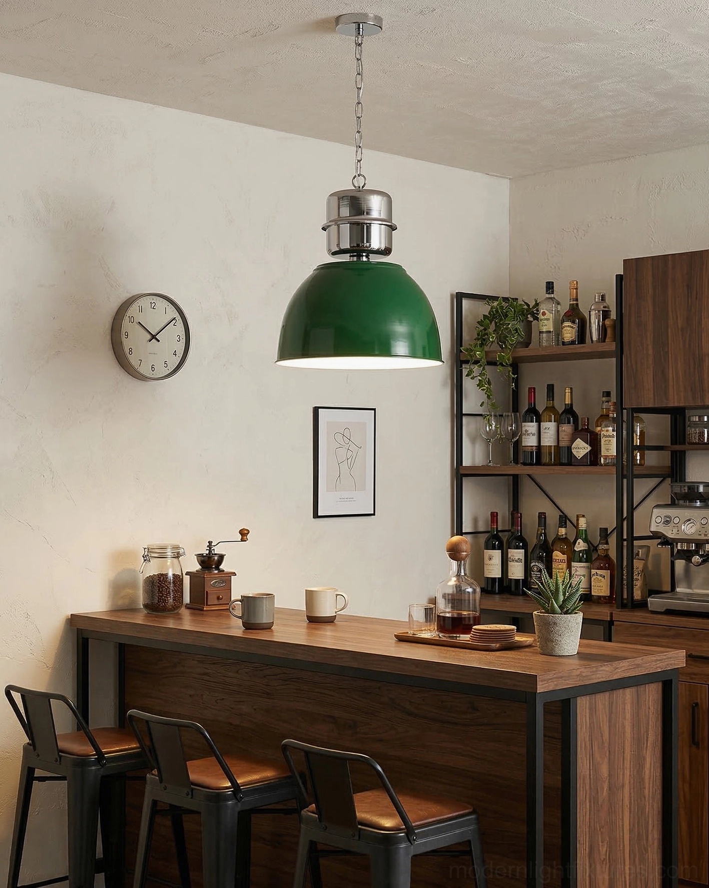 Green dome pendant light fixture in modern home bar setting with industrial aesthetic