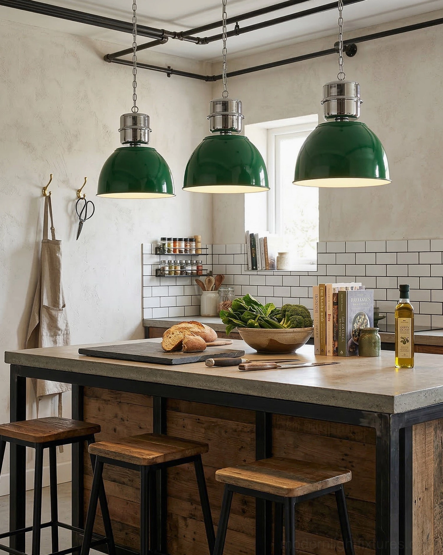 Three green Dante pendant lights over industrial kitchen island with exposed ceiling rails