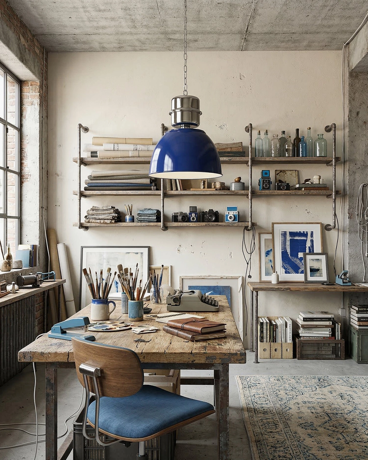 Navy blue Dante pendant light fixture in rustic home workspace with open shelving