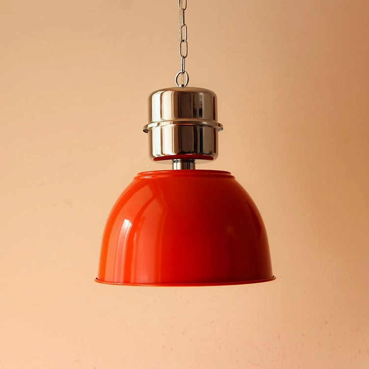 Orange-red Dante pendant light with vibrant glossy metal shade and chrome hardware