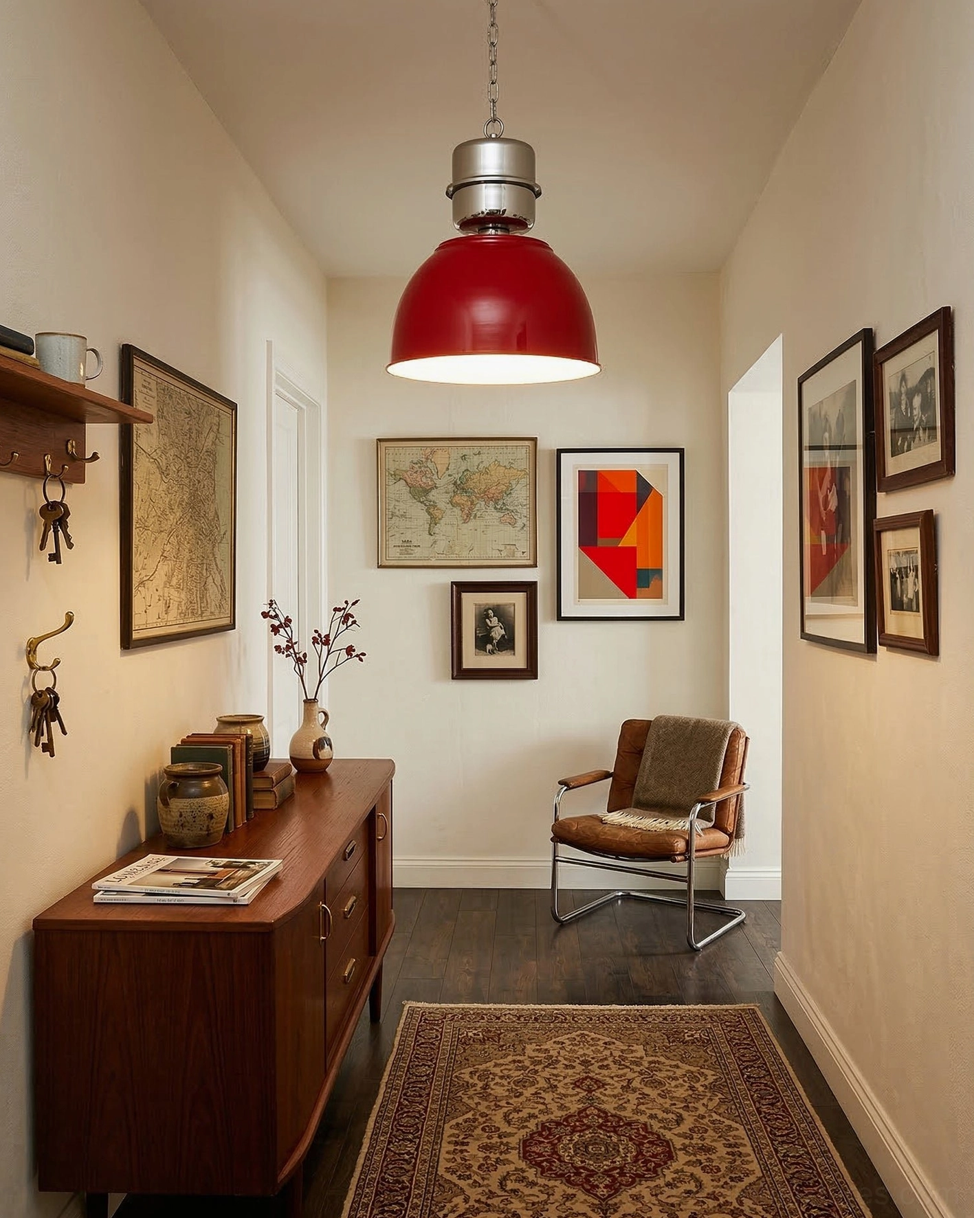 Dante industrial pendant light showing polished metal dome and hanging chain assembly