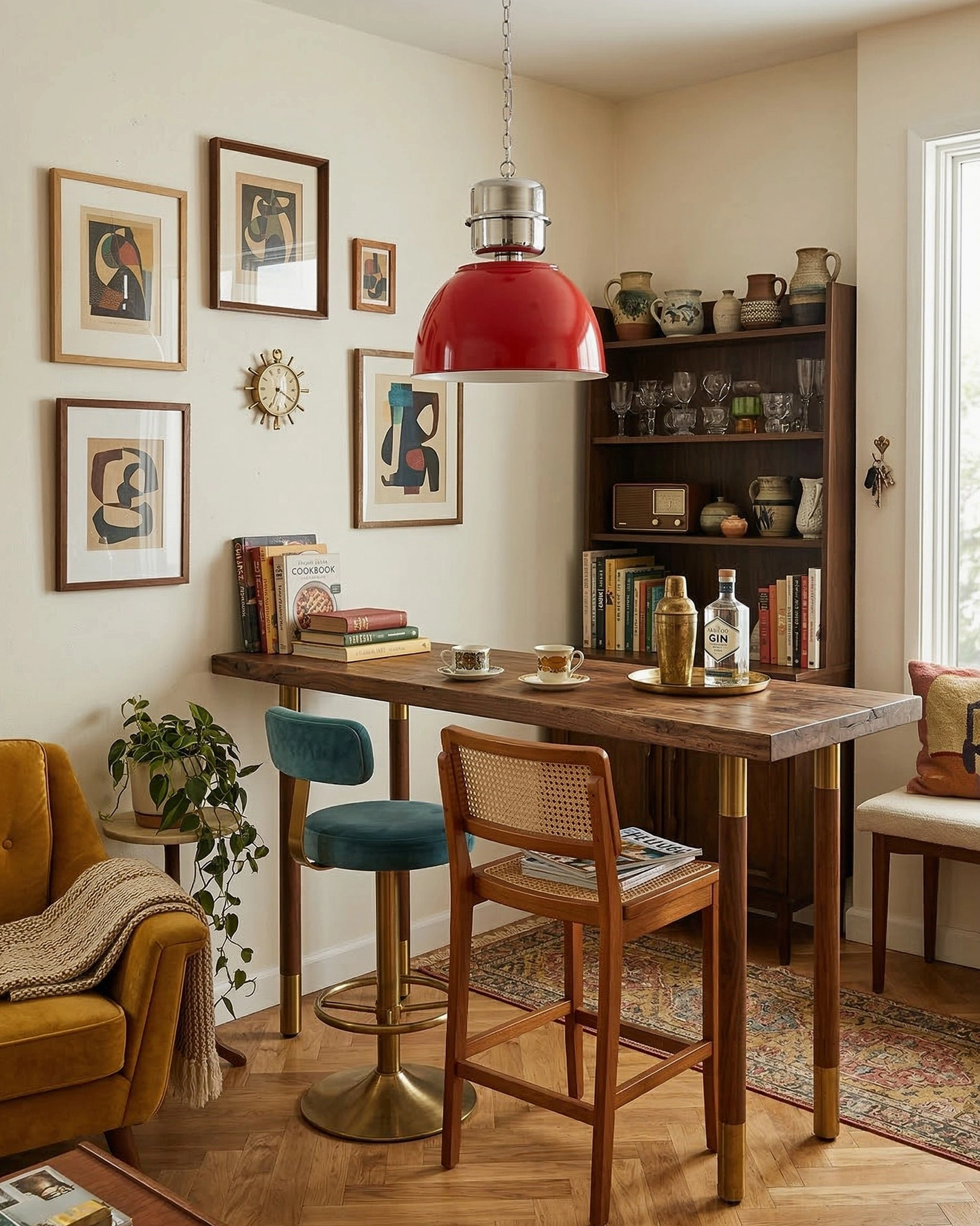 Red dome pendant light with chrome hardware in cozy dining nook with vintage industrial style