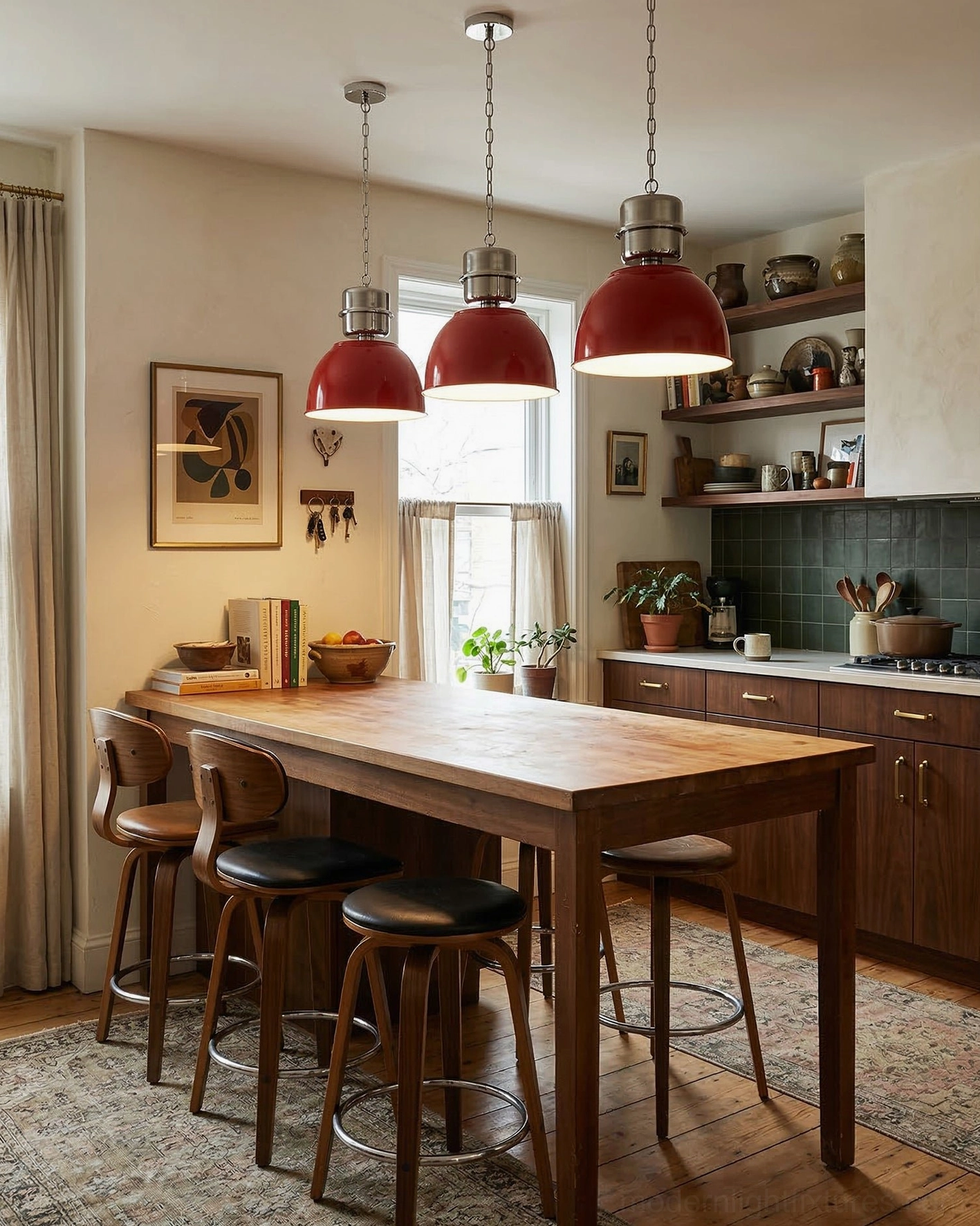 Red dome pendant light showing chrome detailing in contemporary kitchen dining area