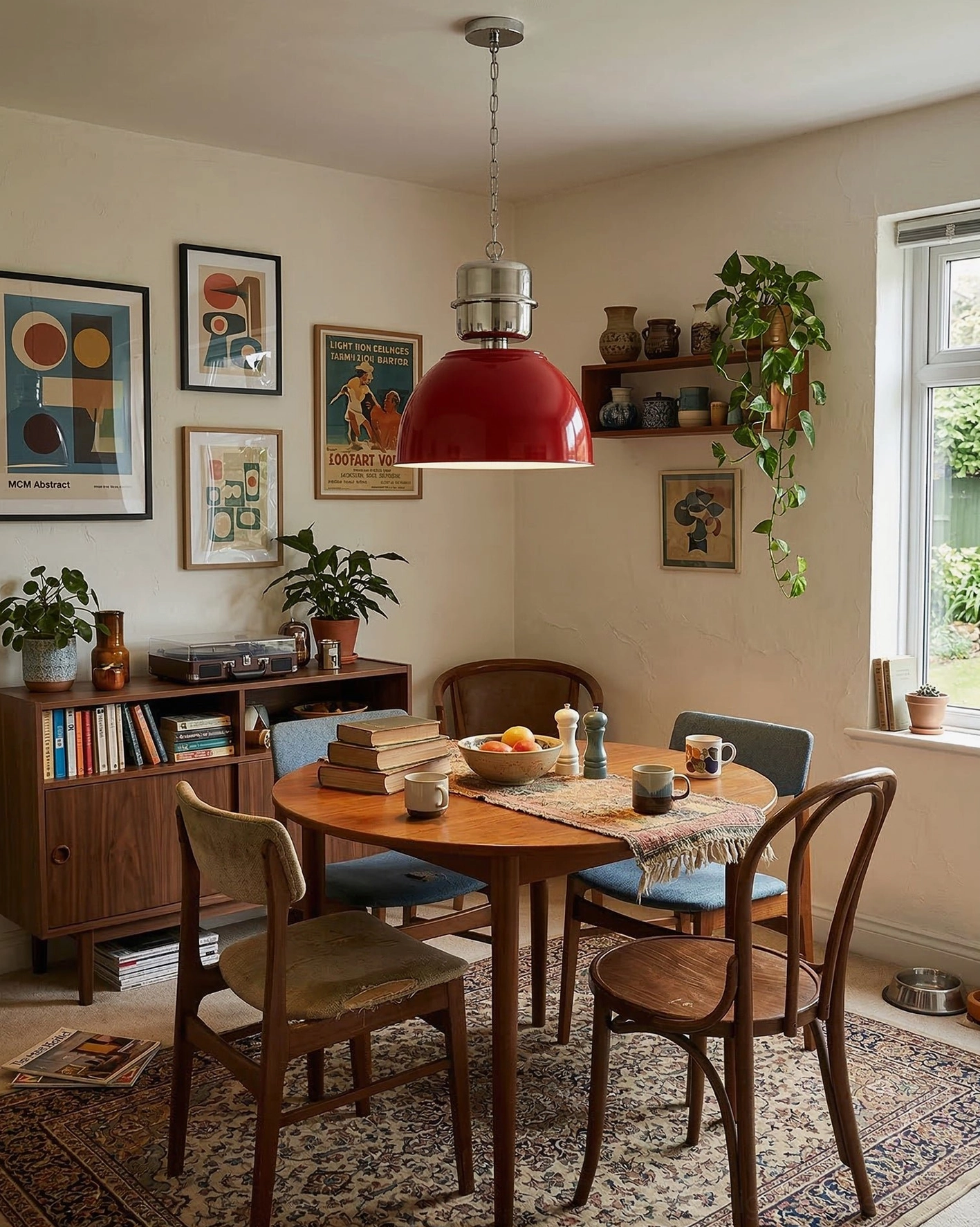 Red metal dome pendant light with vintage industrial styling in warm dining room decor