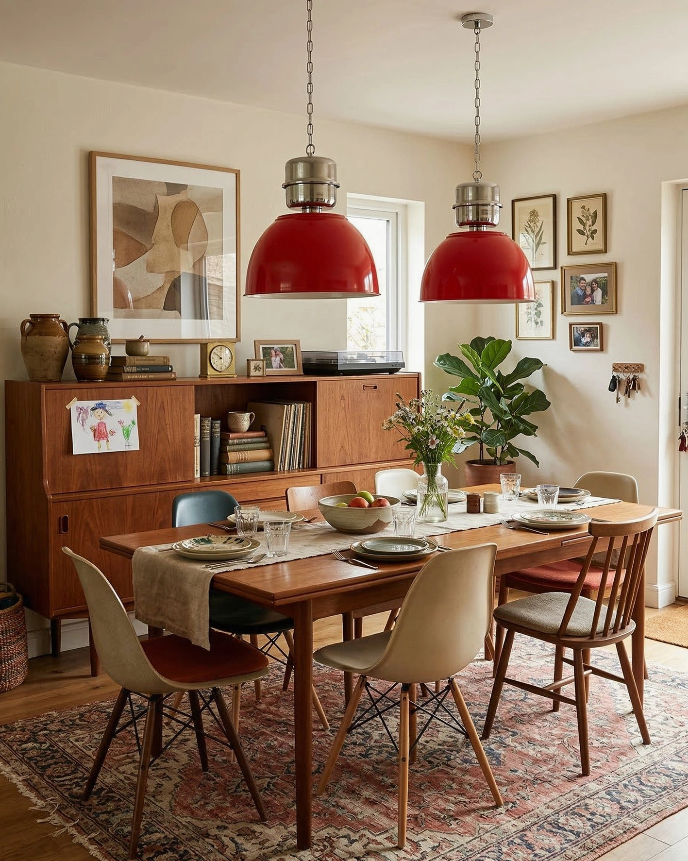 Three red Dante pendant lights clustered above wooden bar seating and dining surface