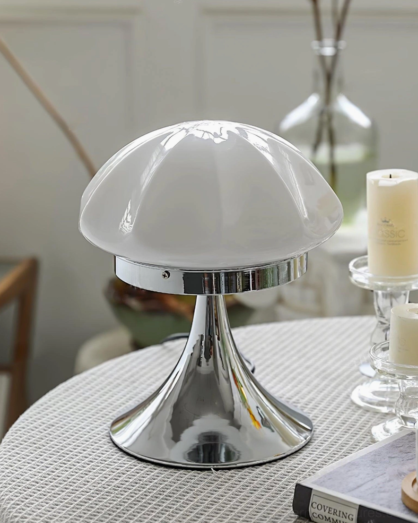 Dario mushroom table lamp multiple angles showing chrome metal base construction and glass facet design