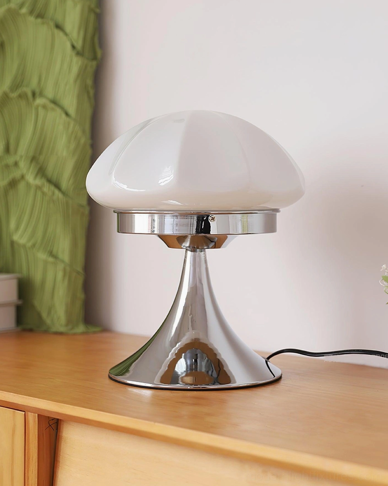 Dario mushroom table lamp beige glass shade on nightstand with books and reading accessories