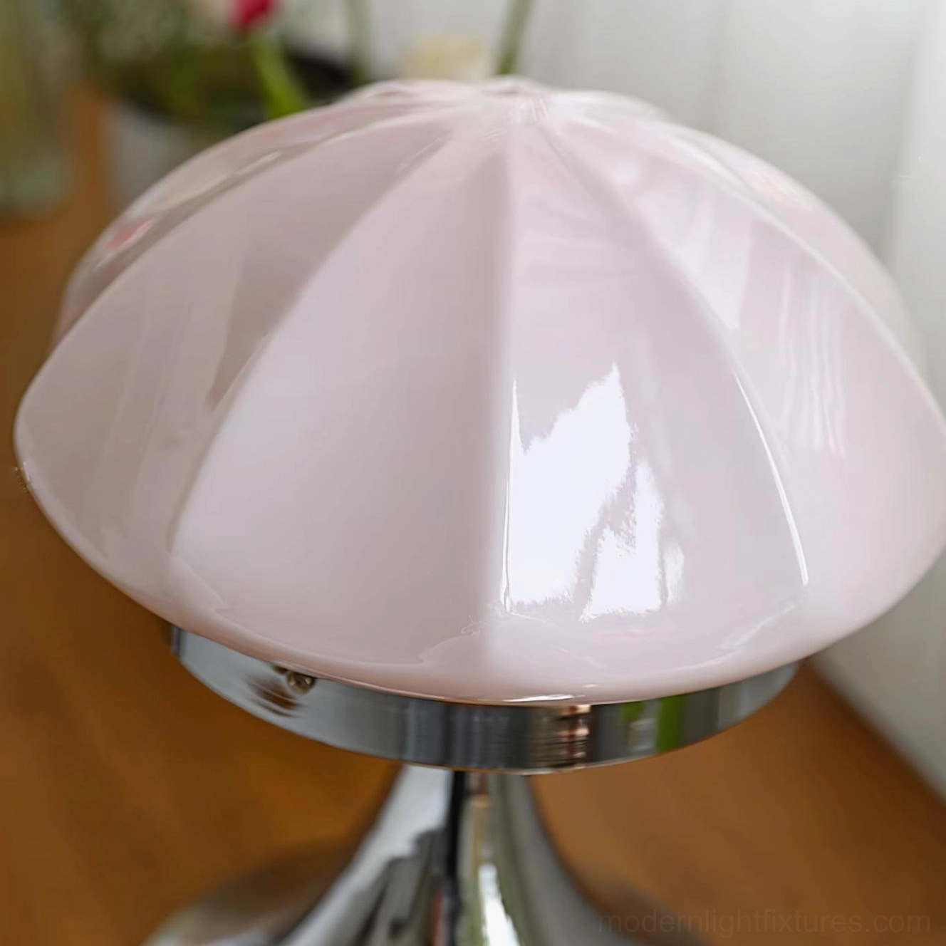 Dario mushroom table lamp beige faceted glass shade creating ambient lighting effect in home interior