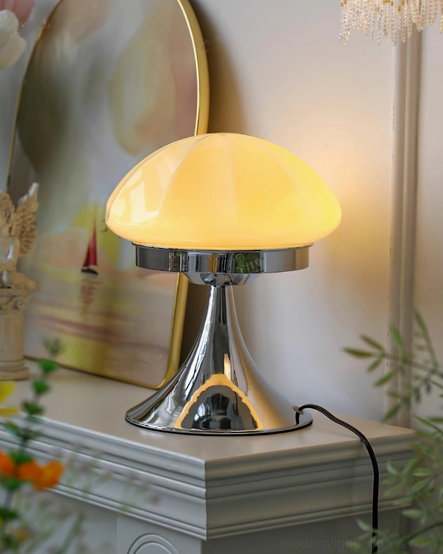 Dario mushroom table lamp beige shade with chrome metal stand on wooden bedside table styling