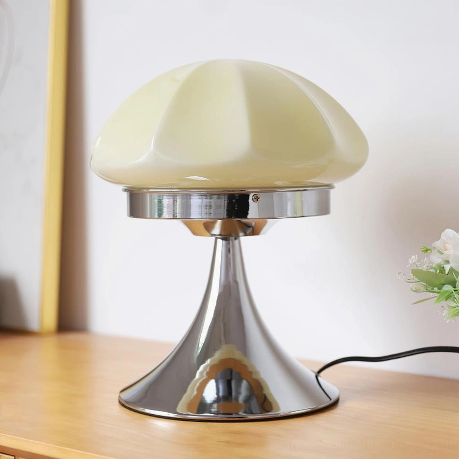 Dario mushroom table lamp beige glass shade with chrome metal base displayed on wooden side table